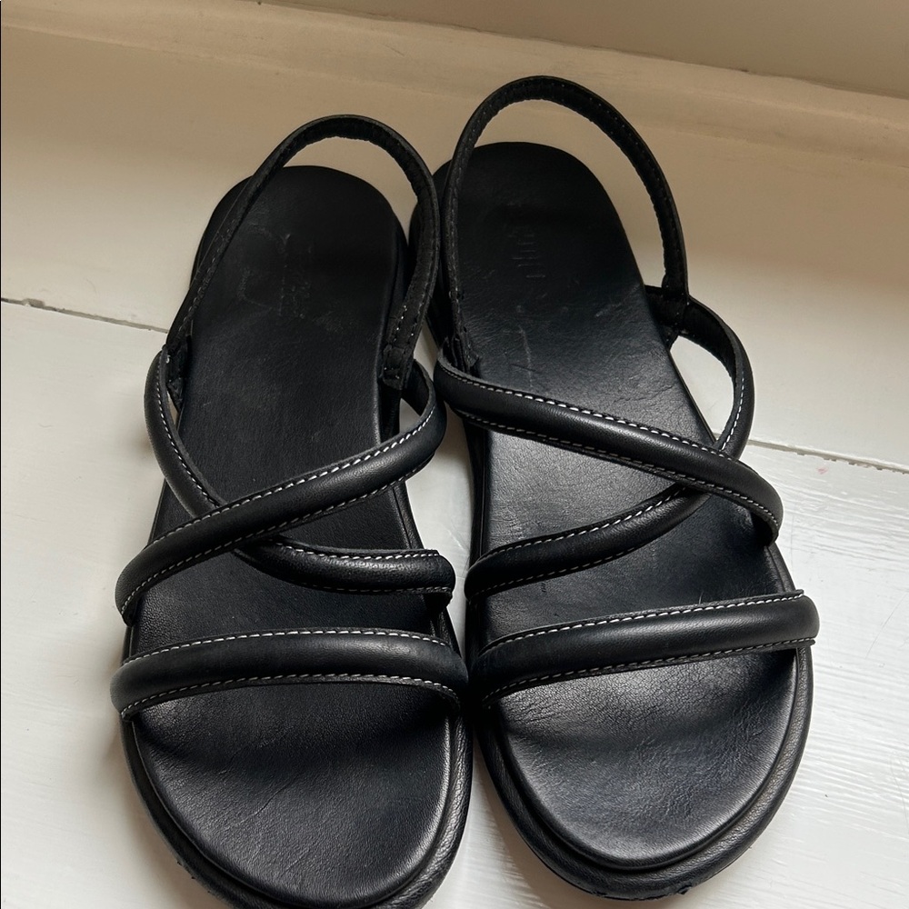 OluKai Black Triple-Strap Leather Slide Sandals - Picture 2 of 5